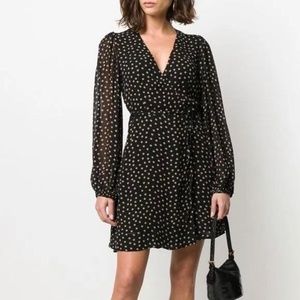 GANNI Polka-Dot Georgette Mini Wrap Dress in Black